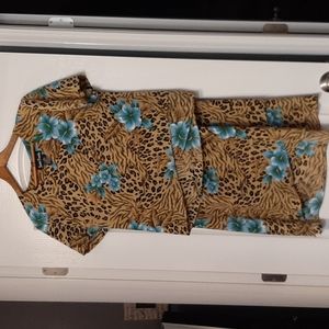 Jamie Brooke matching top and skirt - Hawaiian print - size 10 - EUC-tan & blue
